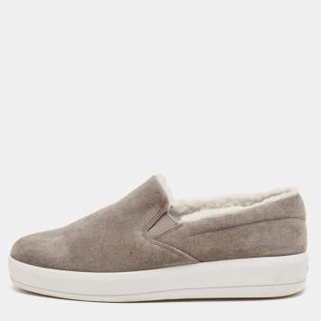 Pre Owned Prada Sport Grey Suede and Shearling Slip On Sneakers Size 38