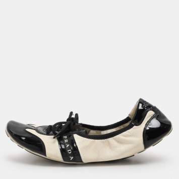 Pre Owned Prada Sport Black/Cream Patent and Leather Lace-up Scrunch Ballet Flats Size 39.5