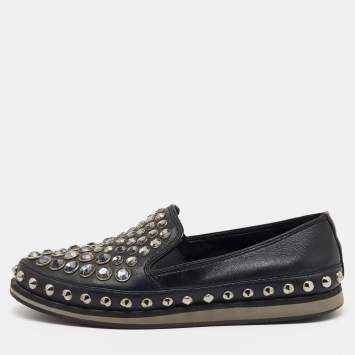 Prada Sport Black Leather Crystal Studded Slip On Loafers Size 37.5
