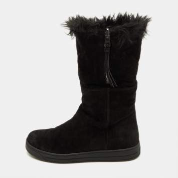 Prada Sport Black Suede and Faux Fur Trim Ankle Length Boots Size 38