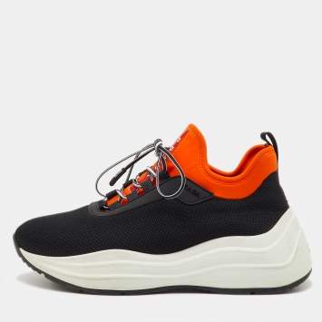 Pre Owned Prada Sport Black/Orange Mesh and Neoprene Chunky Sneakers Size 36