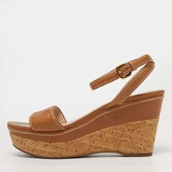 Pre Owned Prada Sport Size 38.5 Tan Leather Wedge Sandals
