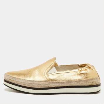 Pre Owned Prada Sport Size 36.5 Metallic Gold Leather Espadrille Slip On Sneakers