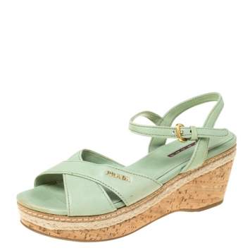 Pre Owned Prada Green Leather Ankle Strap Platform Espadrille Sandals Size 36