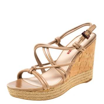 Pre Owned Prada Sport Beige Leather Strappy Cork Wedge Espadrille Platform Sandals Size 37.5