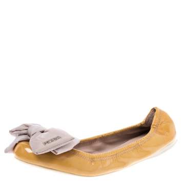 Pre Owned Prada Mustard Patent Leather Bow Ballet Flats Size 39