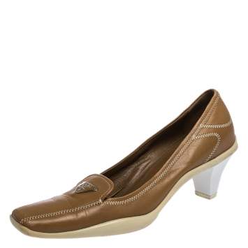 مملوكة مسبقًا Prada Sport Brown Embroidered Leather Loafers Pumps Size 34.5