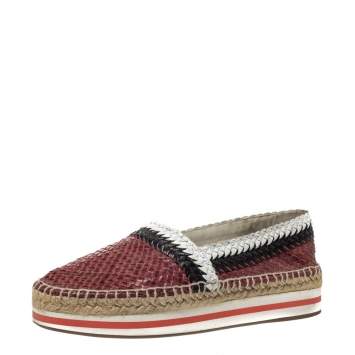 Pre Owned Prada Sport Tricolor Woven Leather Platform Espadrille Flats Size 38.5
