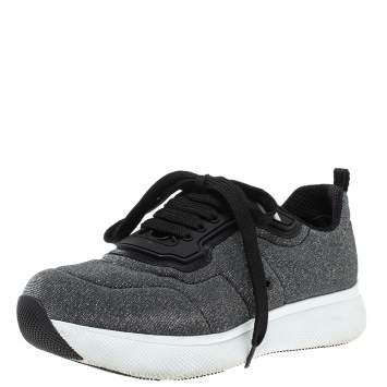 Pre Owned Prada Sport Grey Shimmery Knit Fabric Low Top Sneakers Size 38.5