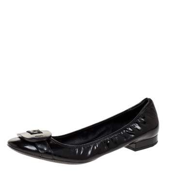 Pre Owned Prada Sports Black Patent Leather Buckle Ballet Flats Size 40.5