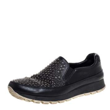 Pre Owned Prada Sport Black Leather Studded Slip On Sneakers Size 37