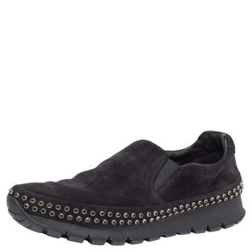 Pre Owned Prada Black Suede Leather Studded Sole Slip On Sneakers Size 39