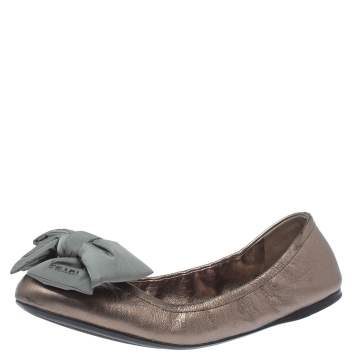 Pre Owned Prada Sport Metallic Bronze Leather Bow Detail Scrunch Ballet Flats Size 40