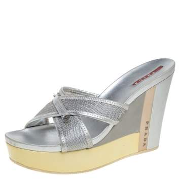 Pre Owned Prada Sports Silver Mesh And Leather Trim Cross Strap Wedge Platform Sandals Size 39