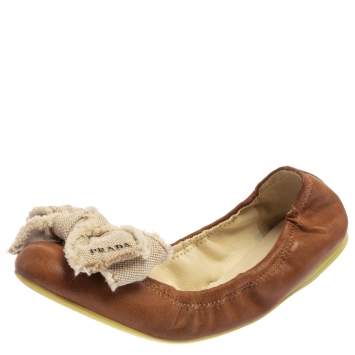 Pre Owned Prada Sport Brown/White Leather And Canvas Scrunch Bow Ballet Flats Size 37.5
