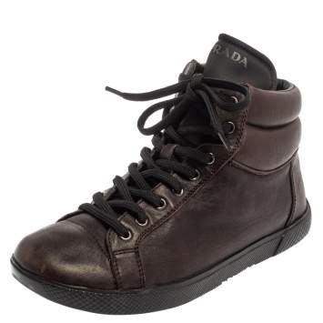Pre Owned Prada Sport Brown Leather High Top Sneakers Size 35