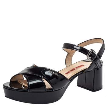 Pre Owned Prada Sport Black Patent Leather Platform Ankle Strap Sandals Size 36.5