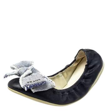 Pre Owned Prada Sport Dark Blue Leather Bow Scrunch Ballet Flats Size 36