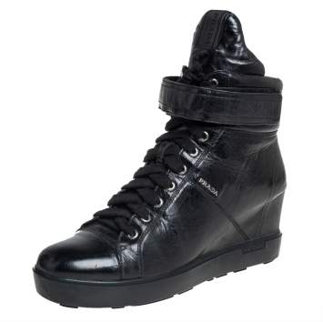 Pre Owned Prada Sport Black Leather Wedge Sneakers Size 40