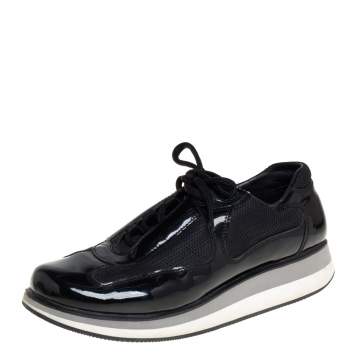Pre Owned Prada Sport Black Patent Leather And Mesh Low Top Sneakers Size 39.5