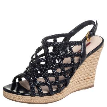 Pre Owned Prada Sport Black Braided Leather Cage Wedge Espadrille Slingback Sandals Size 36