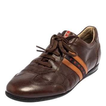 Pre Owned Prada Sport Brown Leather Logo Stripe Low Top Sneakers Size 43