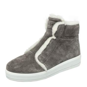 Pre Owned Prada Sport Grey Suede Fur Lined High Top Sneakers Size 37