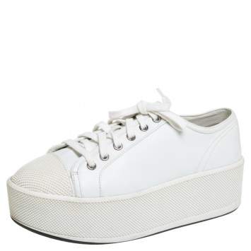 Pre Owned Prada Sport White Leather Platform Low Top Sneakers Size 37