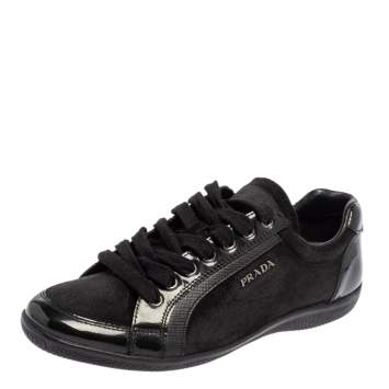 Pre Owned Prada Sport Black Suede And Patent Leather Low Top Sneakers Size 38
