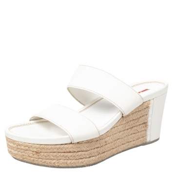Pre Owned Prada Sport White Leather Espadrille Platform Slide Sandals Size 40