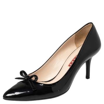 Pre Owned Prada Sport Black Patent Leather Bow Pointed Toe Pumps Size 37.5 