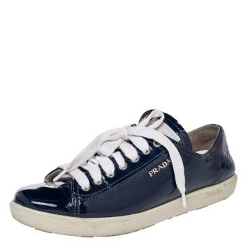 Pre Owned Prada Sport Blue Patent Leather Low Top Sneakers Size 39.5