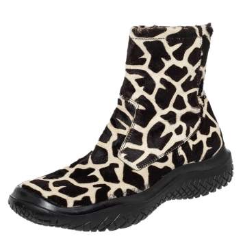 Pre Owned Prada Sport Brown/White Leopard Print Calf Hair High Top Sneakers Size 39