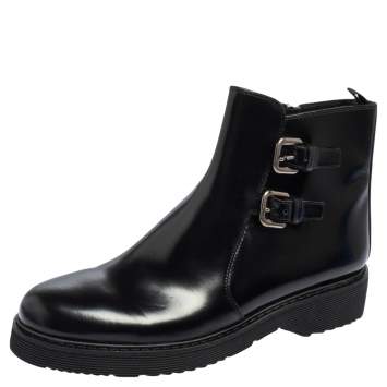 Pre Owned Prada Sport Black Glossy Leather Ankle Length Boots Size 40