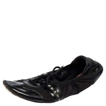 Pre Owned Prada Sport Black Patent Leather and Nylon Scrunch Lace Up Ballet Flats Size 37