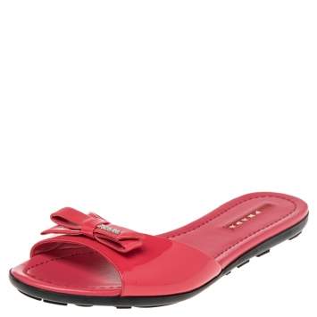 Pre Owned Prada Pink Patent Leather Bow Flat Sandals Size 37