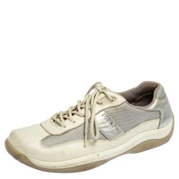 Pre Owned Prada Sport Grey/Silver Leather And Mesh Low Top Sneakers Size 38.5