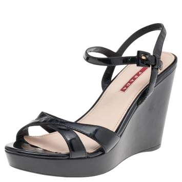 Pre Owned Prada Sport Black Patent Leather Wedge Platform Ankle Strap Sandals Size 38