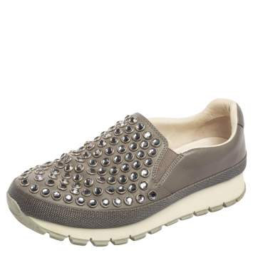 Pre Owned Prada Sport Grey Leather  And Canvas Slip On Sneakers Size 37.5