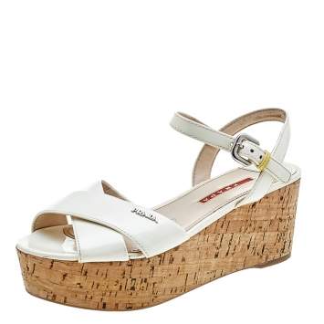 Pre Owned Prada Cream Patent Leather Cork Wedge Platform Sandals Size 36