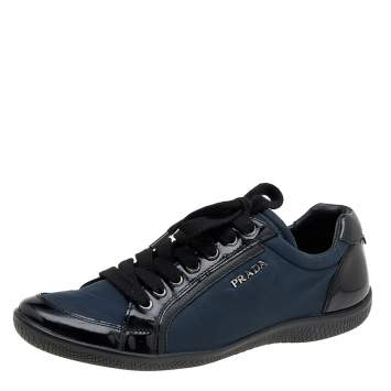Pre Owned Prada Sport Black/Navy Blue Patent Leather And Nylon Low Top Sneakers Size 38