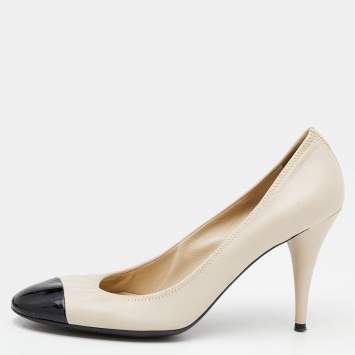 Pre Owned Prada Sport Beige/Black Patent and Leather Cap Toe Pumps Size 39.5