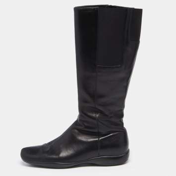 Pre Owned Prada Sport Black Leather Calzature Donna Calf Length Boots Size 37.5