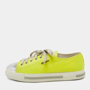 Pre Owned Prada Sport Neon Yellow/Silver Leather Cap Toe Low Top Sneakers Size 40