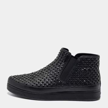 Pre Owned Prada Sport Black Leather Spikes Embellished Slip-On Sneakers Size 37