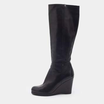Pre Owned Prada Sport Black Leather Knee Length Wedge Boots Size 37.5