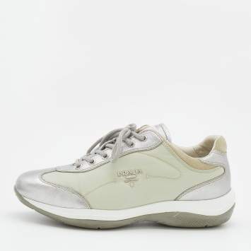 Pre Owned Prada Sport Silver/Grey Leather And Nylon Low Top Sneakers Size 38