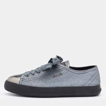 Pre Owned Prada Sport Silver Glitter and Leather Cap Toe Low Top Sneakers Size 38