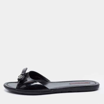 Pre Owned Prada Sport Black Patent Leather Bow Flat Slides Size 38.5