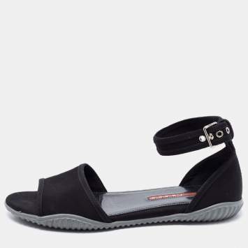 Pre Owned Prada Sport Black Canvas Ankle Strap Flats Size 39.5